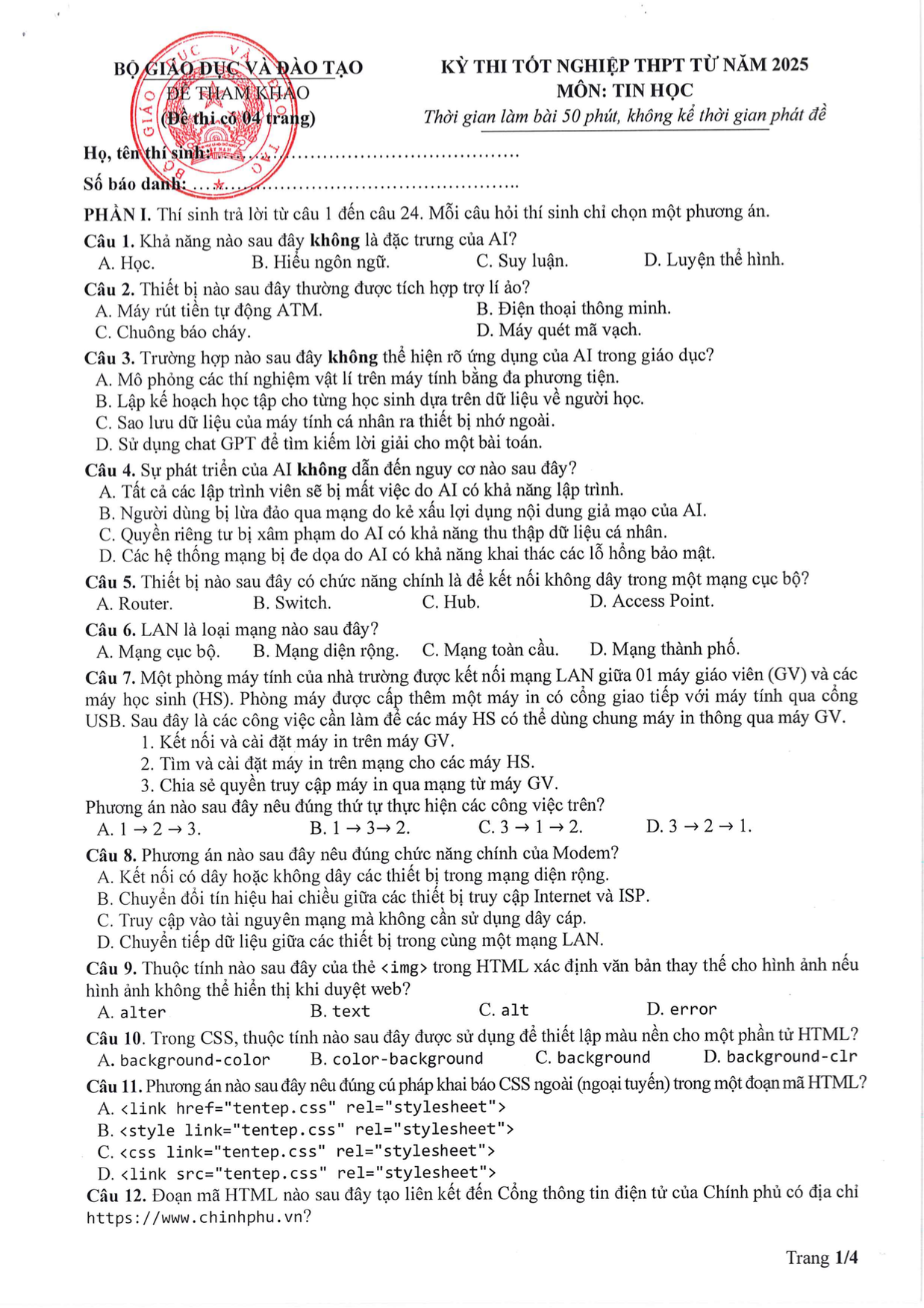 Đề tham khảo thi tốt nghiệp THPT 2024-2025 môn Tin Học