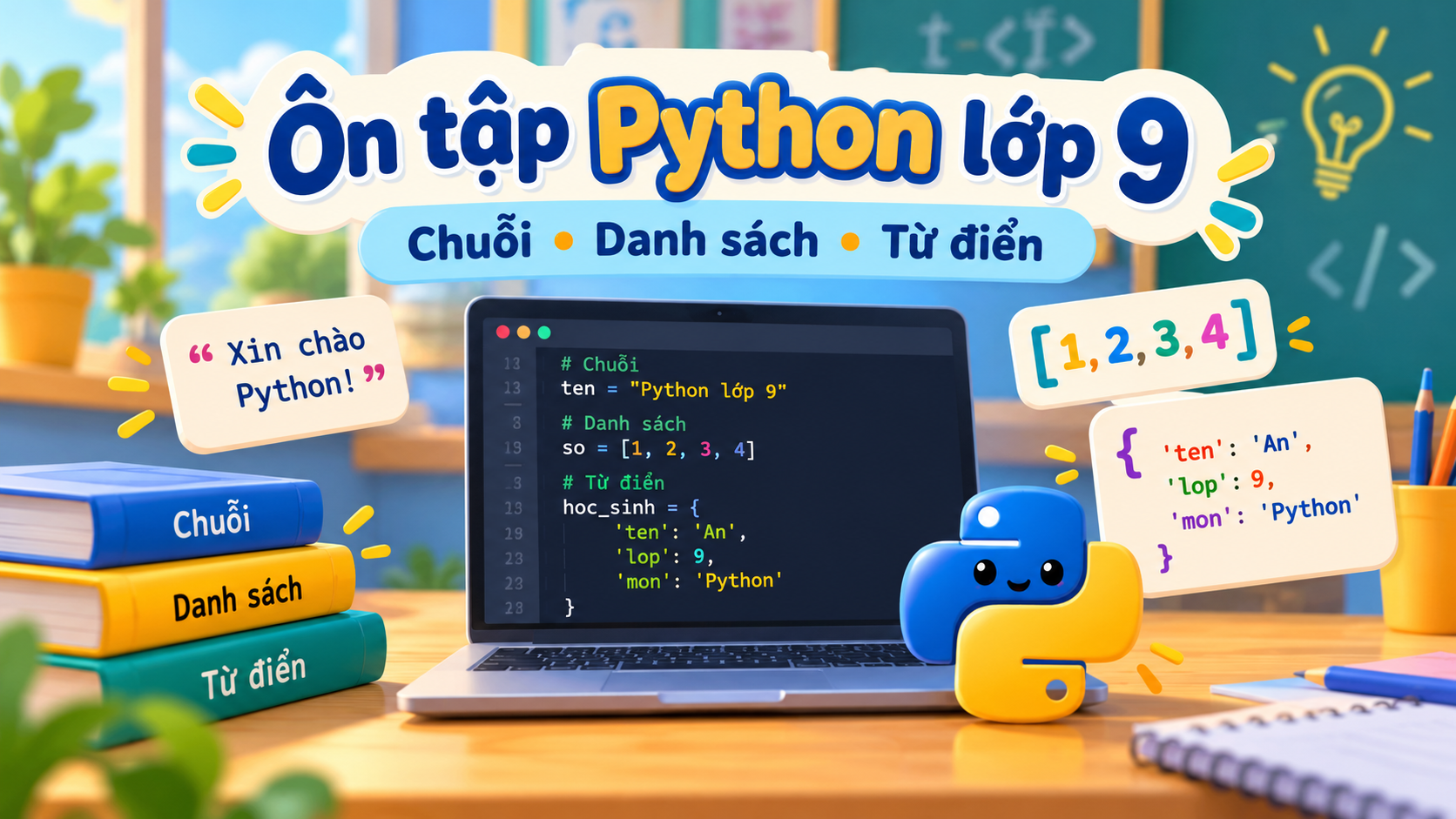 Ôn tập Python lớp 9: Chuỗi, danh sách và từ điển