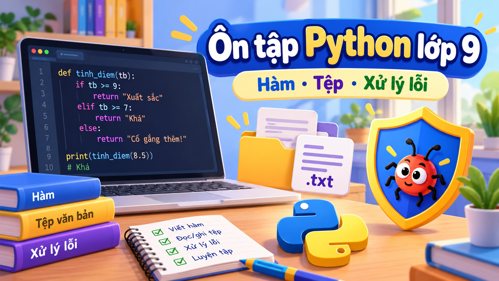 Ôn tập Python lớp 9: Hàm, tệp văn bản và xử lý lỗi