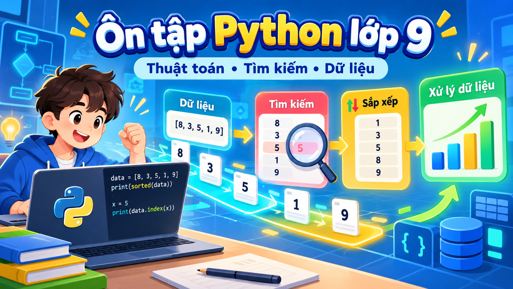 Ôn tập Python lớp 9: Thuật toán, tìm kiếm và xử lý dữ liệu