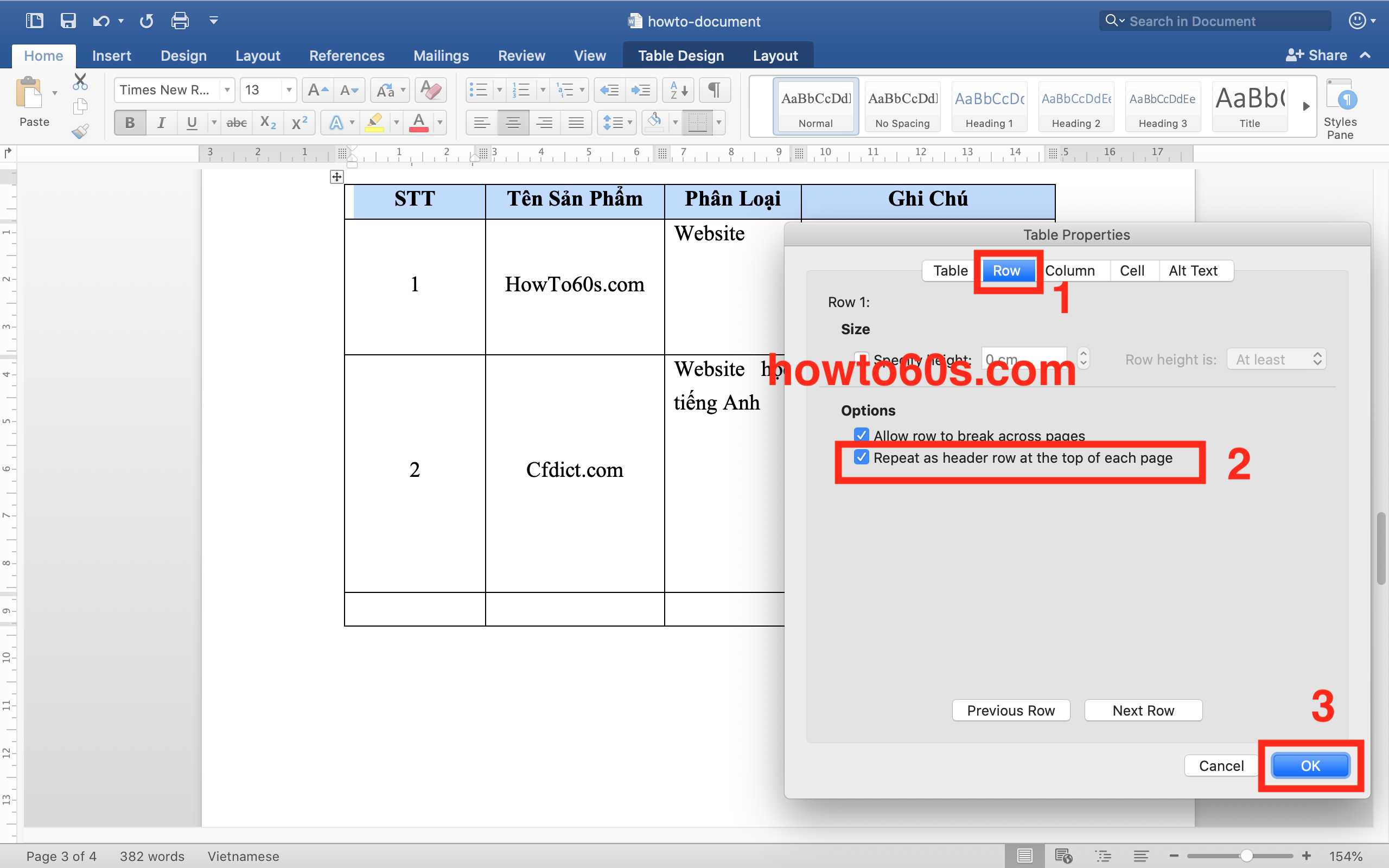 Các bước thực hiện lặp lại tiêu đề của Table trong Word