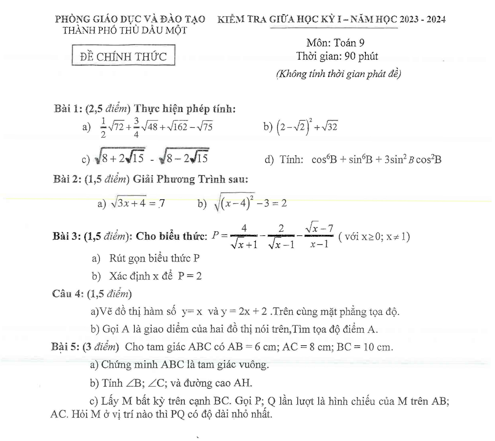 đề thi giữa học kỳ 1 Toán 9 của phòng GD&ĐT Thủ Dầu Một tỉnh Bình Dương năm học 2023-2024