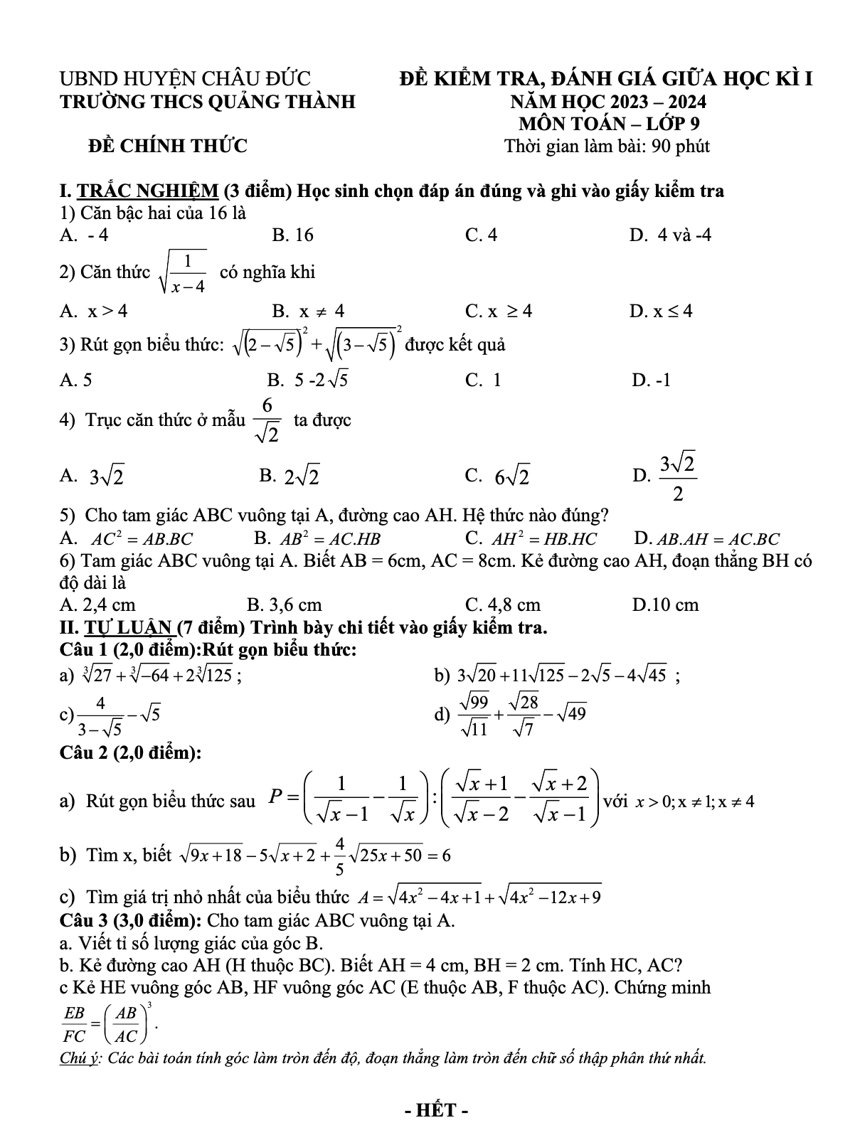 đề thi giữa học kỳ 1 Toán 9 của trường THCS Quảng Thành - Bà Rịa Vũng Tàu năm học 2023-2024