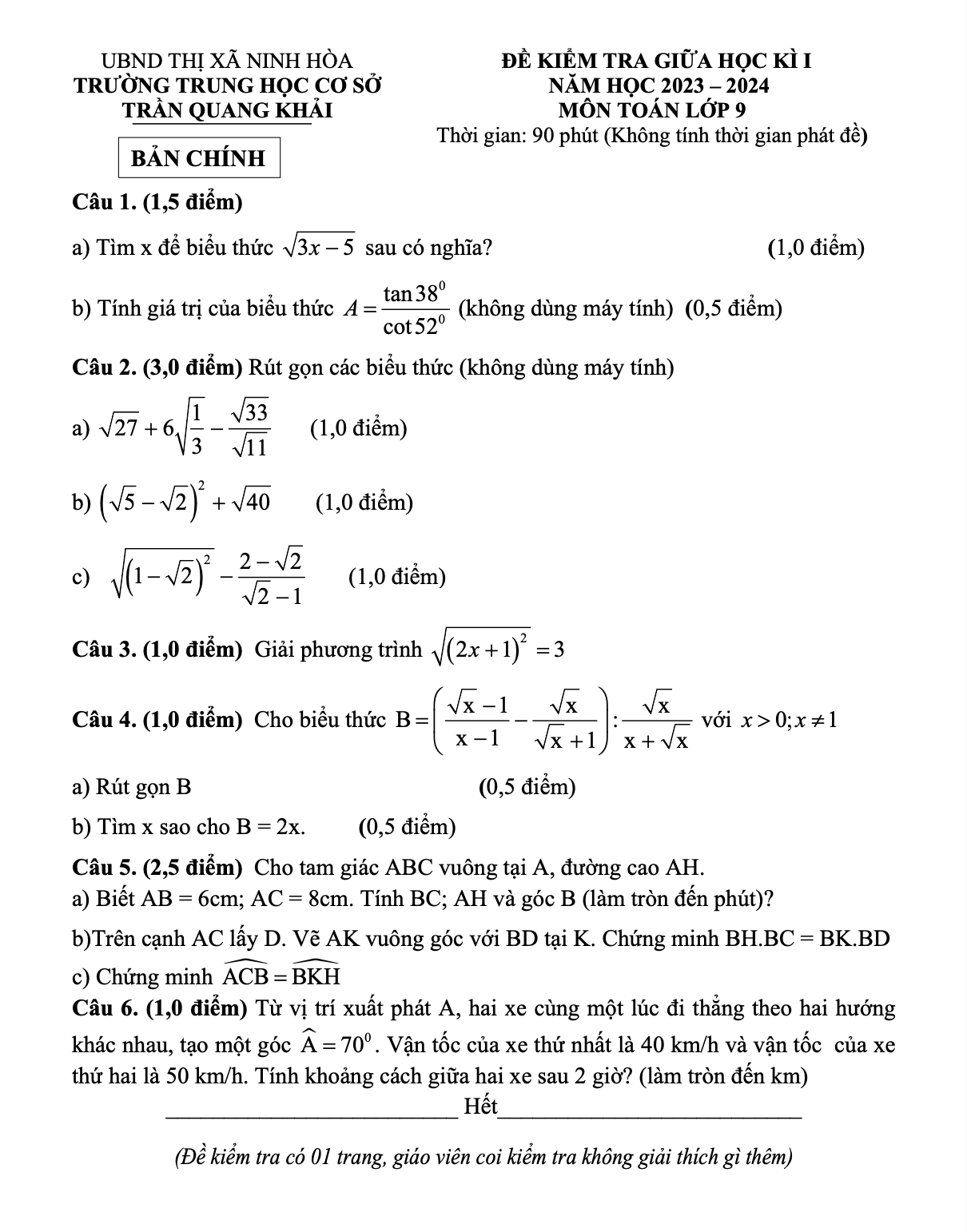 đề thi giữa học kỳ 1 Toán 9 của trường THCS Trần Quang Khải năm học 2023-2024
