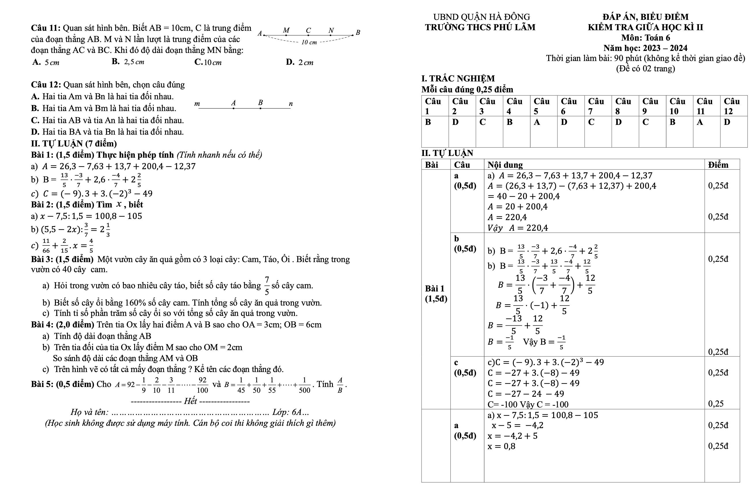 đề thi giữa kì 2 Toán 6 trường THCS Phú Lãm - TP. Hà Nội năm học 2023-2024