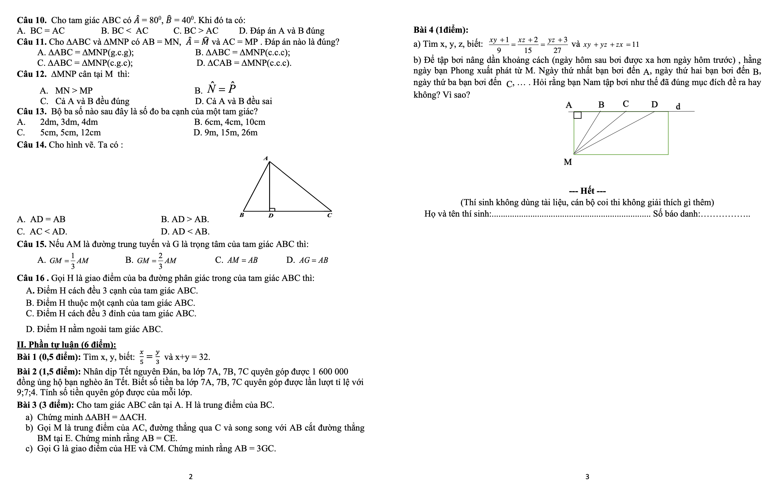 Đề thi giữa học kì 2 môn Toán 7 trường Quỳnh Xuân - Nghệ An năm học 2023-2024