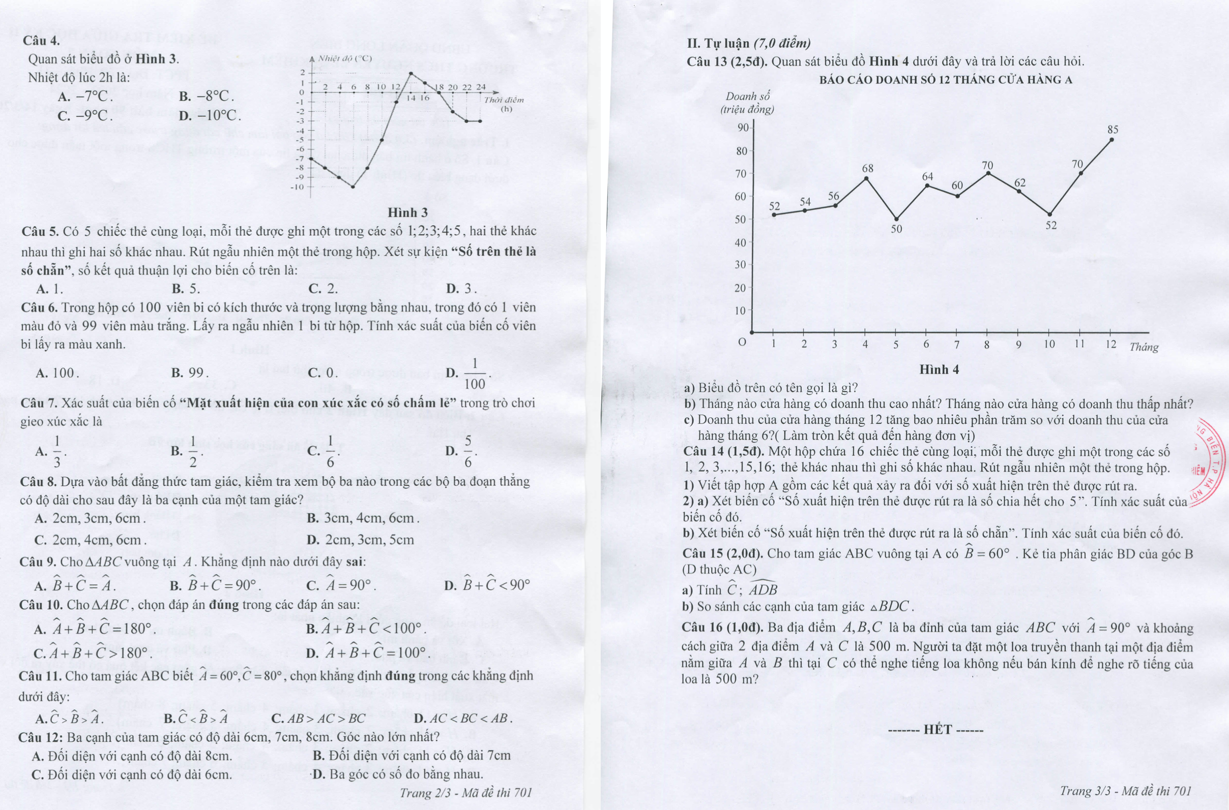 Đề thi giữa kì 2 môn Toán 7 trường Nguyễn Bỉnh Khiêm - Hà Nội năm 2023-2024