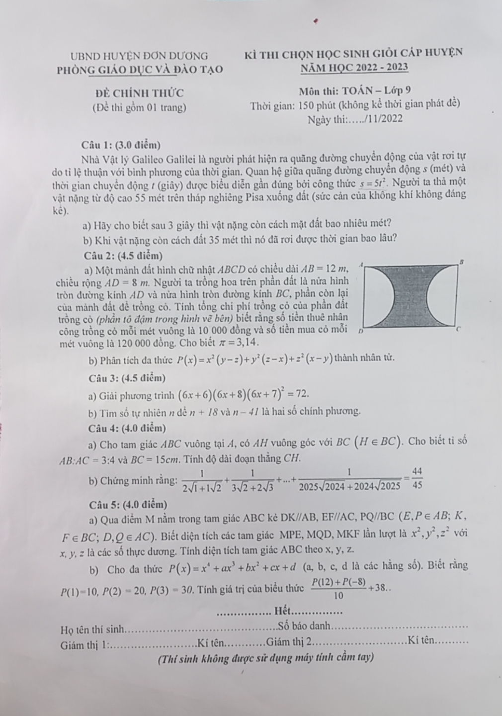 Đề thi chọn học sinh giỏi Toán 9 của huyện Đơn Dương - Lâm Đồng