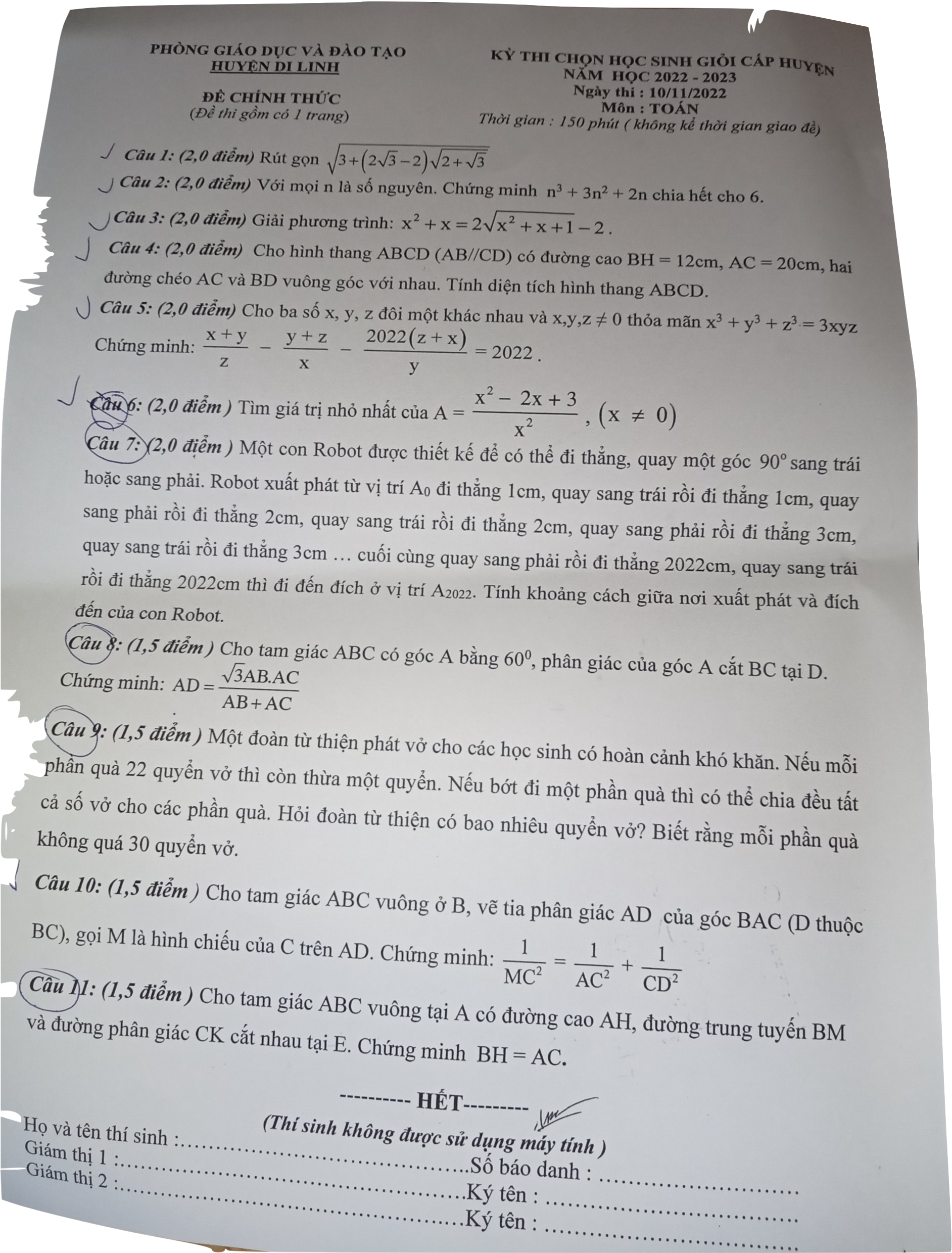 Đề thi chọn học sinh giỏi Toán 9 của huyện Di Linh - Lâm Đồng
